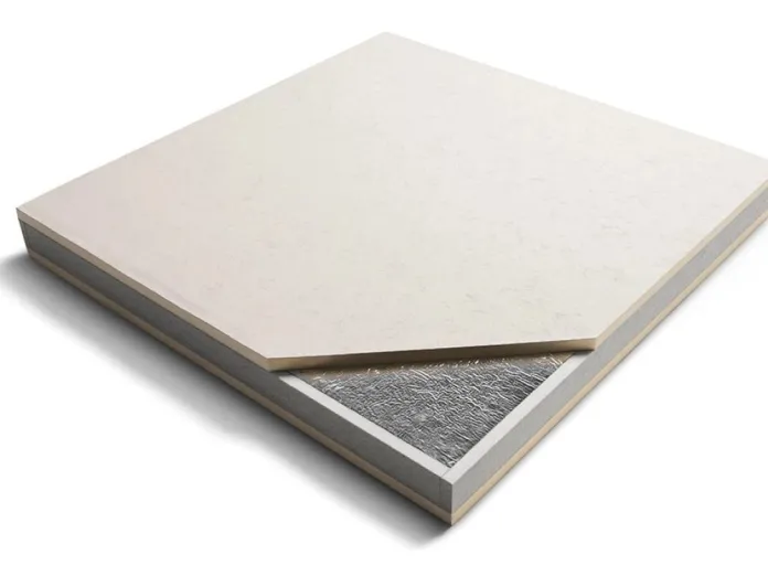 White acoustic ceiling panel with a corner cut to show textured interior.