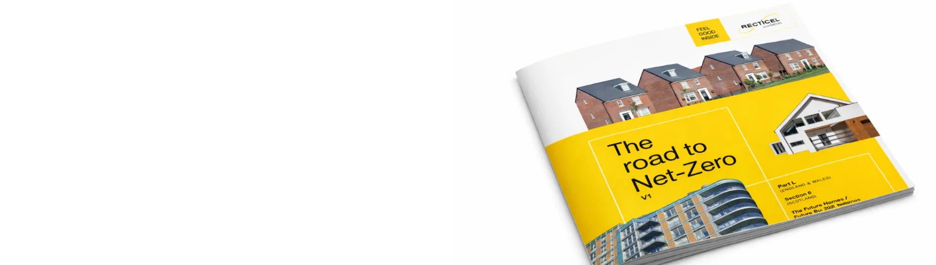 Brochure with images of houses and a yellow band titled "The road to Net-Zero."