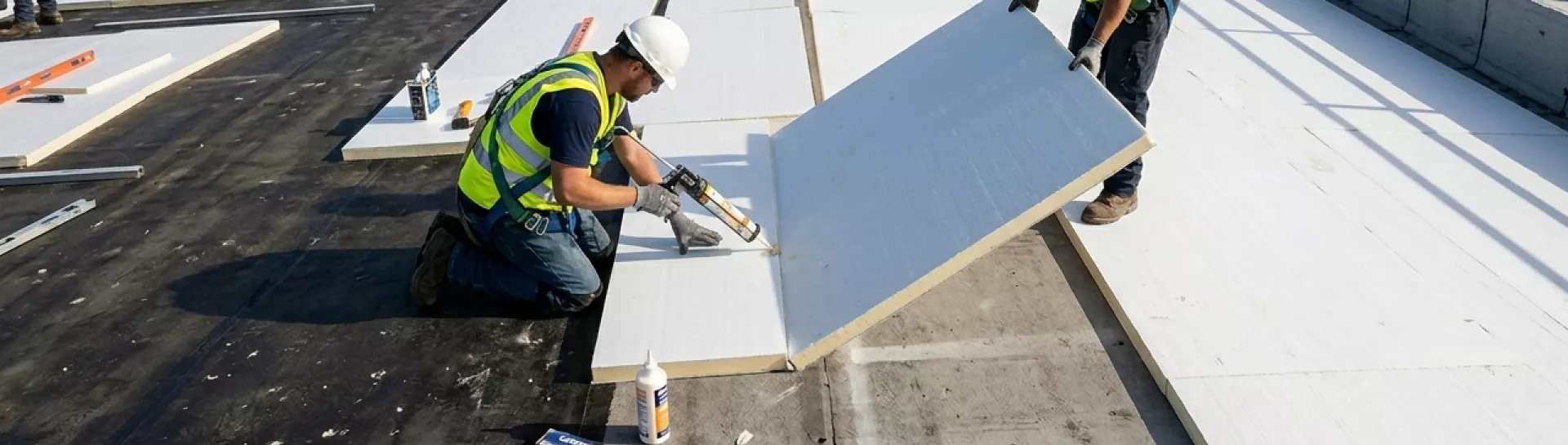 Workers installing white panels on a flat roof under a clear sky.