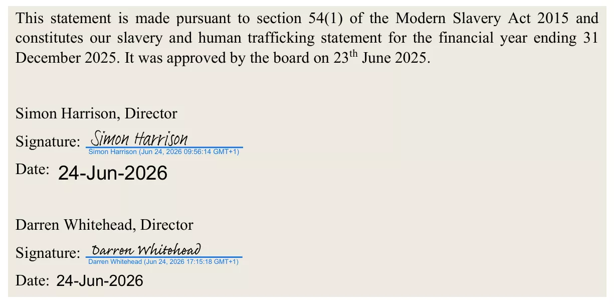 Modern Slavery Act statement with signatures and dates.