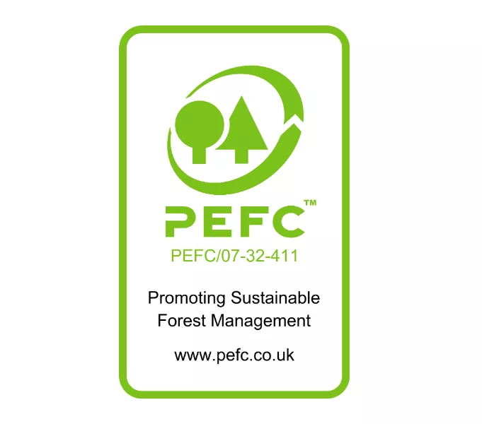 PEFC logo, promoting sustainable forest management, green and white design.