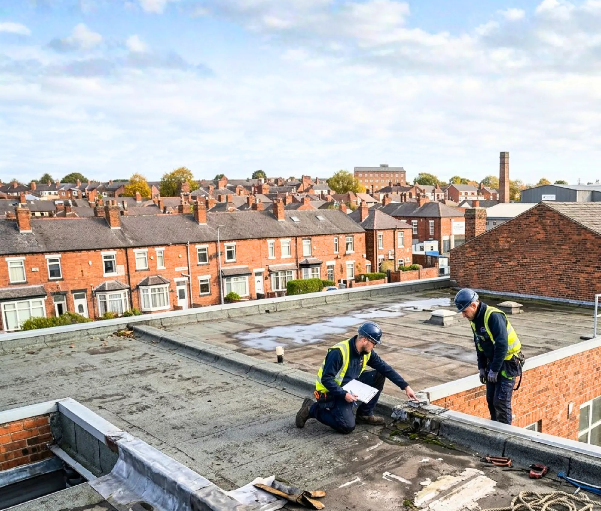 Workers inspecting a flat rooftop in a residential area.