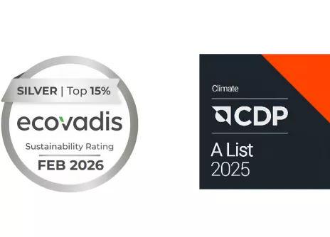 Ecovadis silver medal and CDP A List logos for 2025.